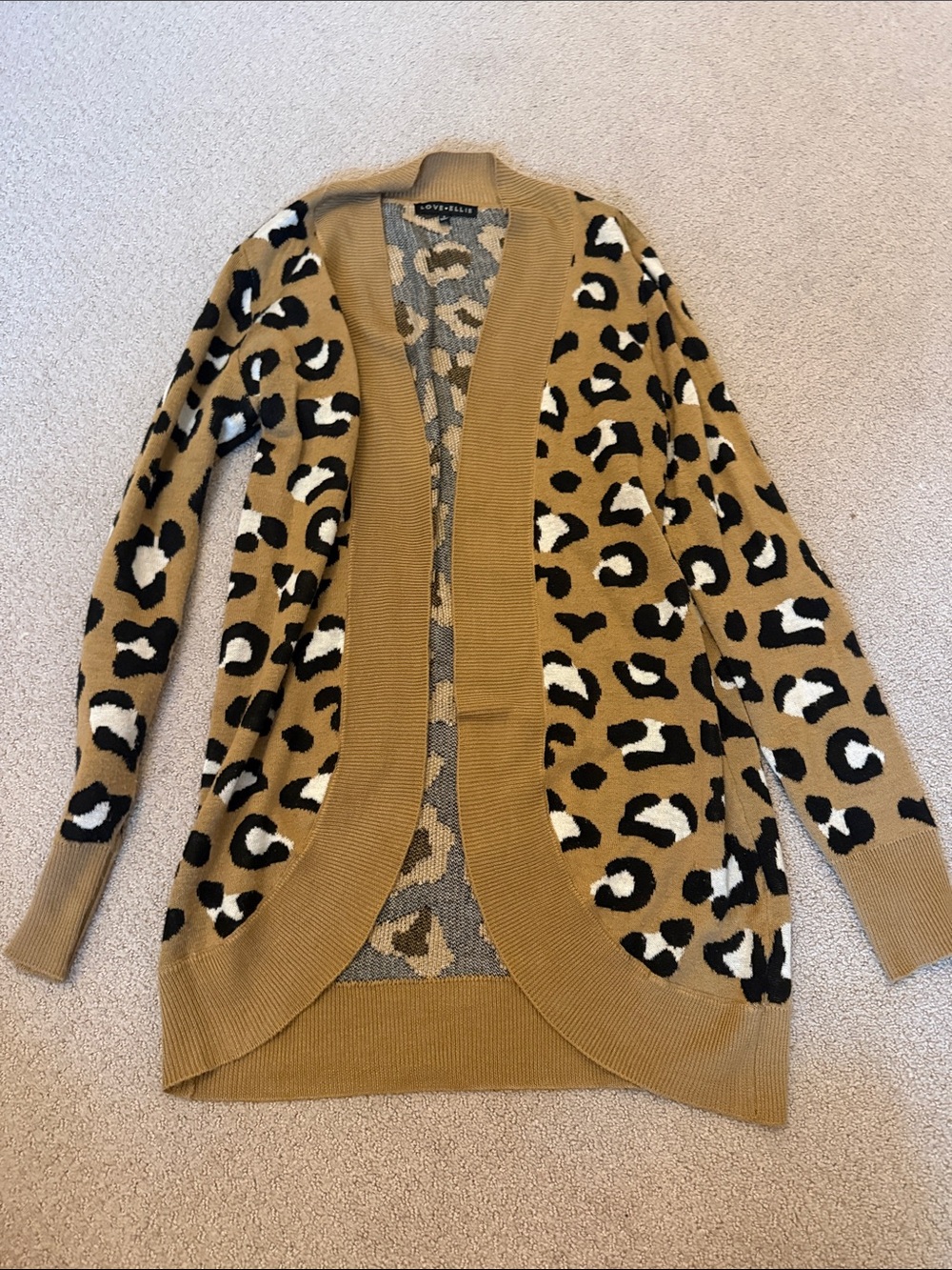 Love Ellie Camel Leopard-Print Open Cardigan with Black & White Accents - Sz S